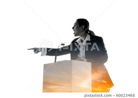 Speaker, coach or chairwoman during politician speech on white background 60023468