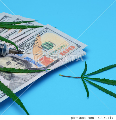 cash US dollars, green hemp leaf and empty plastic 60030415