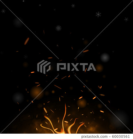 Bonfire, burning sparks flying towards snowflakes. Bonfire, burning sparks flying towards snowflakes. 60030561