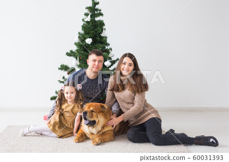 Pet, holidays and festive concept - Family with dog are sitting on floor near christmas tree. 60031393