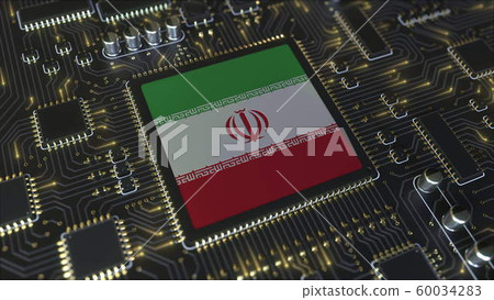 National flag of Iran on the operating chipset. Iranian information technology or hardware development related conceptual 3D rendering National flag of Iran on the operating chipset. Iranian information technology or hardware development related conceptual 3D rendering 60034283