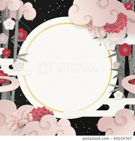 日本近代中國雲朵-竹與梅-牡丹-日本紙紋理 60034767