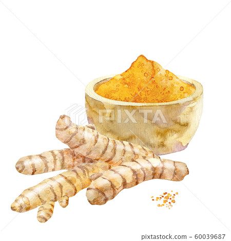 Watercolor turmeric in a cup and curcuma roots. 60039687