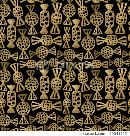 Candies gold hand painted seamless pattern. Abstract sweets golden background. Dessert texture in vintage style. 60041825
