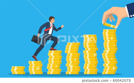Business man is climbing stairs from stacks coins 60042078