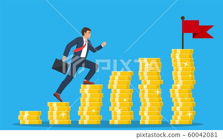 businessman go to a pile of golden coins. businessman go to a pile of golden coins. 60042081