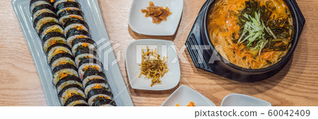 ramen noodles and gimbap meal national korean food BANNER, LONG FORMAT ramen noodles and gimbap meal national korean food BANNER, LONG FORMAT 60042409