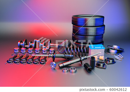 Auto parts spare parts car on the grey background. 3D rendering 60042612