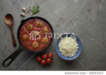Pan with meat balls in tomato sauce. Flat lay, top view with copy space 60043422