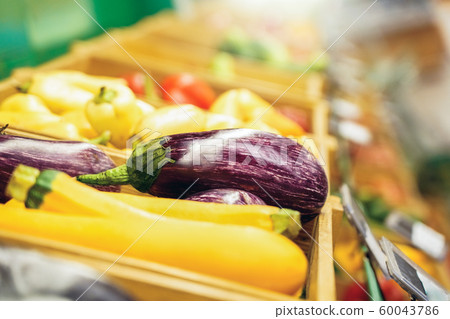 Eggplant vegetable in box at grocery supermarket 60043786