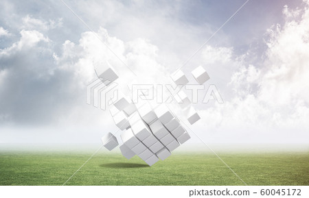 Abstract flying white cubes on green meadow Abstract flying white cubes on green meadow 60045172