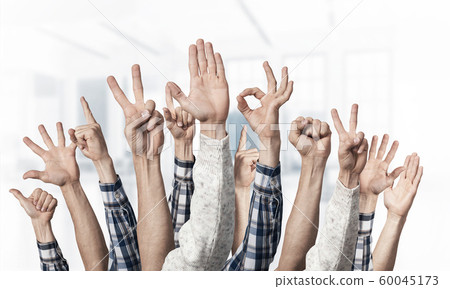 Row of man hands showing various gestures Row of man hands showing various gestures 60045173
