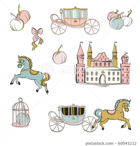 Cartoon hand-drawn fairy tale dream texture, pink castle, horse, pumpkin, cage fantasy wonderlad Cartoon hand-drawn fairy tale dream texture, pink castle, horse, pumpkin, cage fantasy wonderlad 60045212