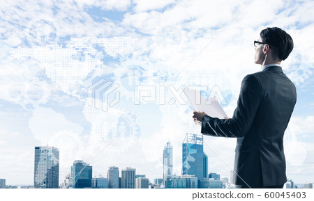 Concept of business success and control with confident boss against cityscape background Concept of business success and control with confident boss against cityscape background 60045403