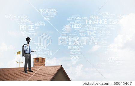 Concept of home security and privacy protection with camera headed man Concept of home security and privacy protection with camera headed man 60045407