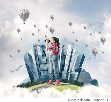 Concept of careless happy childhood with girl looking in future 60045451