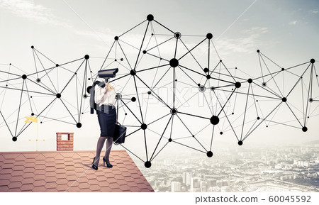 Concept of security and privacy protection with camera headed woman Concept of security and privacy protection with camera headed woman 60045592