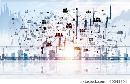 Concept of global communication and networking with world map over cityscape 60045894