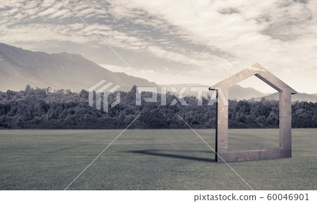 Conceptual background image of concrete home sign on asphalt road 60046901
