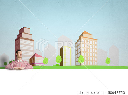 Cheerful man with banner Cheerful man with banner 60047750