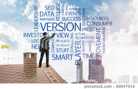 Young businessman standing on house roof and writing leadership skill concept. Mixed media Young businessman standing on house roof and writing leadership skill concept. Mixed media 60047919