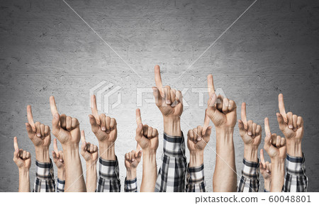 Row of man hands showing finger pointing gesture 60048801