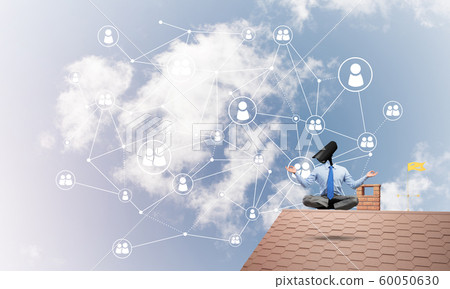 Concept of security and privacy protection with camera headed man meditating Concept of security and privacy protection with camera headed man meditating 60050630