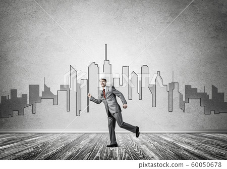 King businessman in elegant suit running and drawn cityscape silhouette at background King businessman in elegant suit running and drawn cityscape silhouette at background 60050678