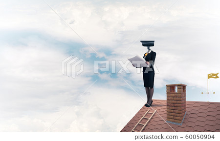 Concept of security and privacy protection with camera headed woman Concept of security and privacy protection with camera headed woman 60050904