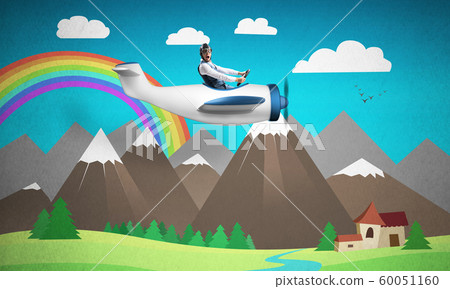 Aircraft pilot in white propeller plane. Aircraft pilot in white propeller plane. 60051160