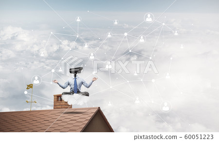 Concept of security and privacy protection with camera headed man meditating Concept of security and privacy protection with camera headed man meditating 60051223