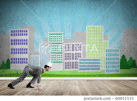 King businessman in elegant suit running and cityscape silhouette at background 60051535