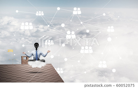 Concept of security and privacy protection with camera headed man meditating Concept of security and privacy protection with camera headed man meditating 60052075