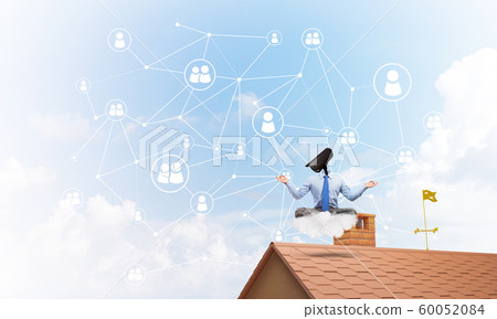 Concept of security and privacy protection with camera headed man meditating Concept of security and privacy protection with camera headed man meditating 60052084