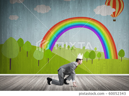 King businessman in elegant suit running in empty room with nature drawing on wall 60052343