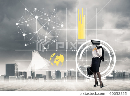 Concept of security and privacy protection with camera headed woman Concept of security and privacy protection with camera headed woman 60052835