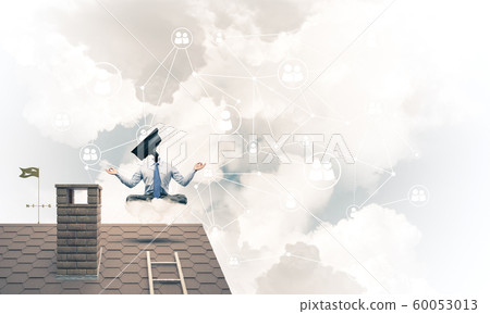 Concept of security and privacy protection with camera headed man meditating Concept of security and privacy protection with camera headed man meditating 60053013