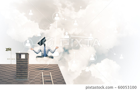 Concept of security and privacy protection with camera headed man meditating Concept of security and privacy protection with camera headed man meditating 60053100