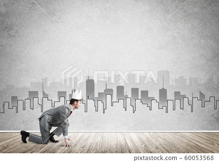 King businessman in elegant suit running and drawn cityscape silhouette at background King businessman in elegant suit running and drawn cityscape silhouette at background 60053568