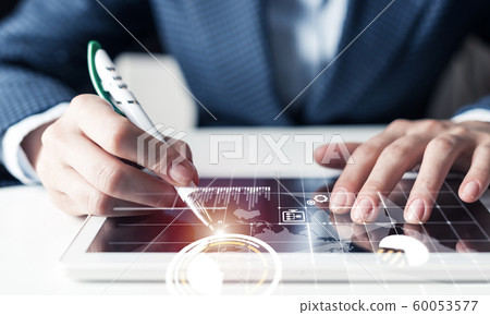 Businessman hand touching virtual screen Businessman hand touching virtual screen 60053577