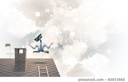 Concept of security and privacy protection with camera headed man meditating 60053660