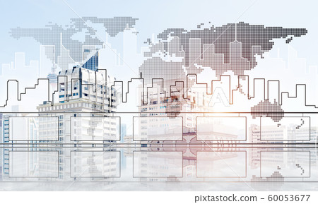 Concept of global communication and networking with world map over cityscape Concept of global communication and networking with world map over cityscape 60053677