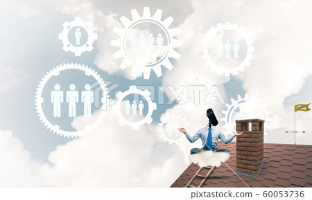 Concept of security and privacy protection with camera headed man meditating Concept of security and privacy protection with camera headed man meditating 60053736