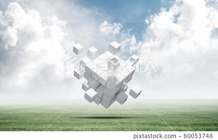 Abstract flying white cubes on green meadow Abstract flying white cubes on green meadow 60053748