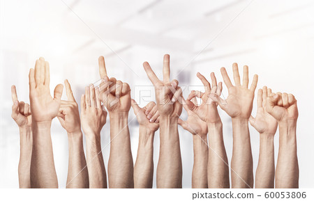 Row of man hands showing various gestures 60053806
