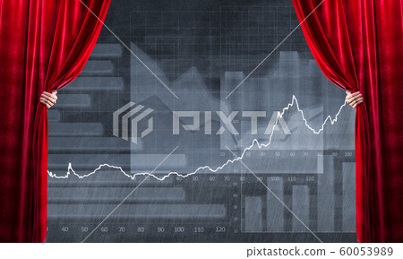 Graphs and diagrams behind drapery curtain and hand opening it Graphs and diagrams behind drapery curtain and hand opening it 60053989