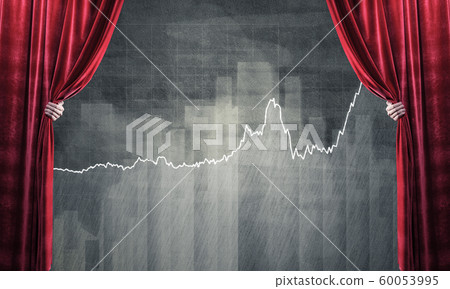 Graphs and diagrams behind drapery curtain and hand opening it Graphs and diagrams behind drapery curtain and hand opening it 60053995