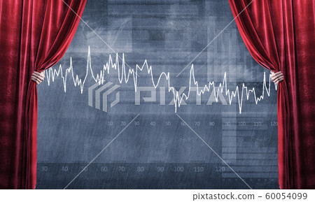 Graphs and diagrams behind drapery curtain and hand opening it Graphs and diagrams behind drapery curtain and hand opening it 60054099