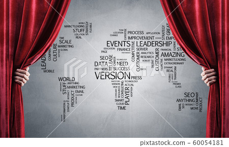 World map behind drapery curtain and hand opening it World map behind drapery curtain and hand opening it 60054181