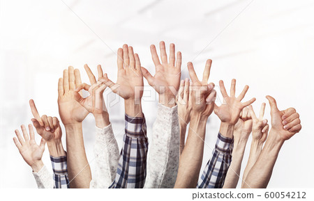 Row of man hands showing various gestures 60054212